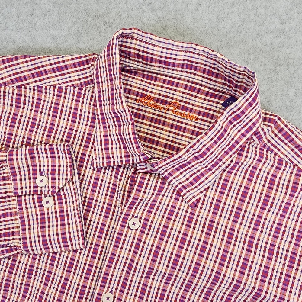 Alan Flusser Seersucker Shirt Plaid Long‎ Sleeve Men's L Button Up Pink Purple